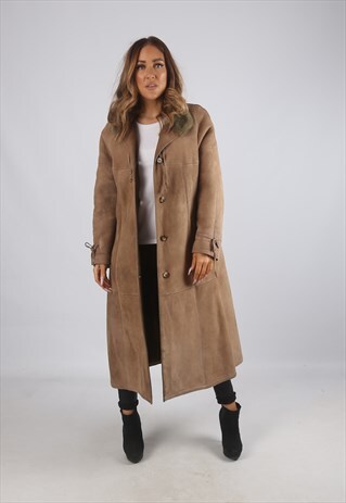 VINTAGE SHEEPSKIN SUEDE SHEARLING COAT LONG UK 14 (9BK)