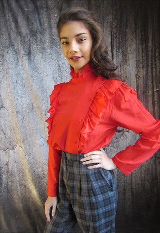 VINTAGE 80S RED FRILLY BLOUSE