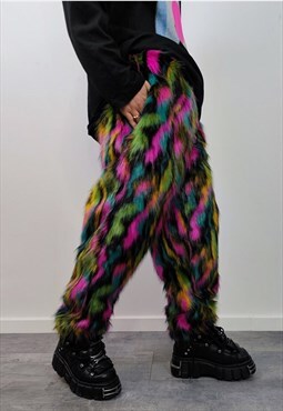 Striped neon fur joggers rave pants fluffy festival trousers