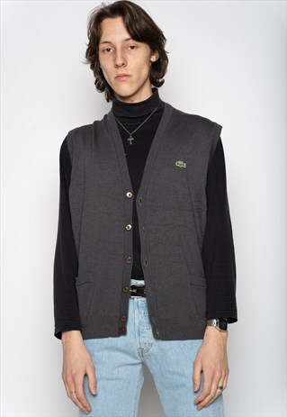 GREY BROWN LACOSTE BUTTON KNIT VEST L