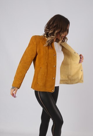SUEDE LEATHER JACKET SHERPA LINED SHORT VINTAGE UK 10 (DKDU)