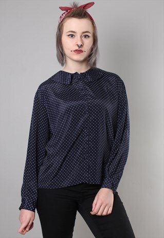 VINTAGE 80S SATIN POLKA DOT PATTERNED BUTTON BLOUSE