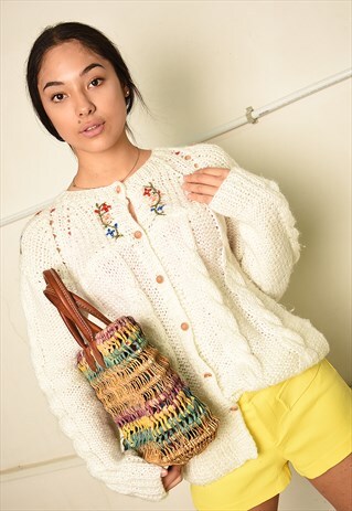 VINTAGE 80S CHUNKY KNIT FLORAL EMBROIDERED CARDIGAN
