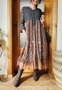 90s brown laces & tulle embroidered long flare maxi dress