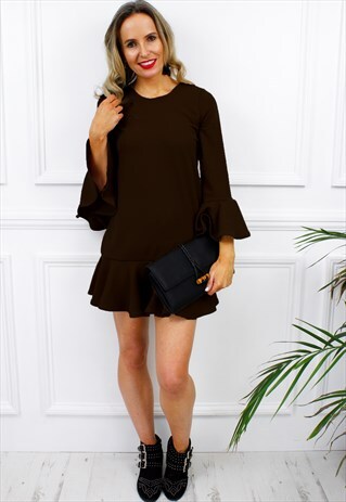 BLACK BELL SLEEVE SHIFT BOHO PEASANT RUFFLE FRILL MINI DRESS