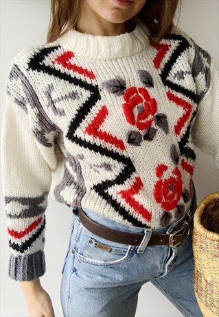 VINTAGE 80S MILKMAID FLORAL FOLK KNITTED CHRISTMAS JUMPER