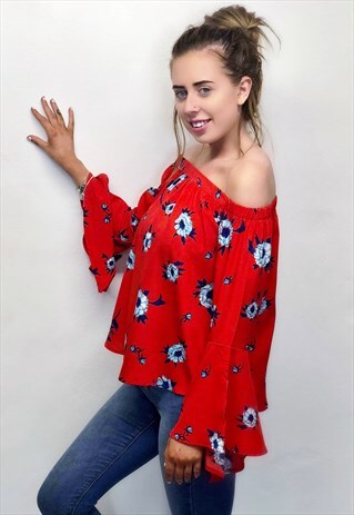 RED FLORAL BARDOT TOP