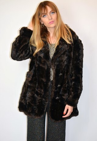 VINTAGE 60S DARK BROWN FAUX FUR COAT