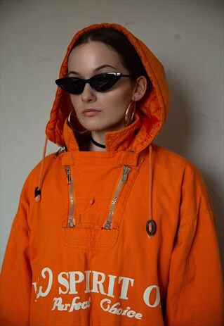 VINTAGE NEON ORANGE 1/4 ZIP HOODED WINTER JACKET . UNISEX