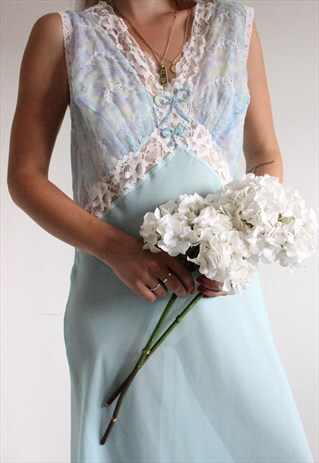 RARE VINTAGE REVIVAL 70S BABY BLUE FLORAL LACE SLIP DRESS