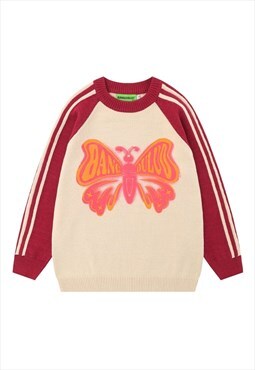 Butterfly sweater knitted raglan jumper striped top in cream