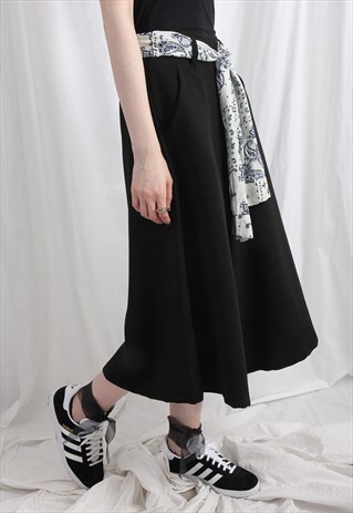 WIDE LEG CHIFFON CULOTTES WITH PAISLEY BELT BLACK