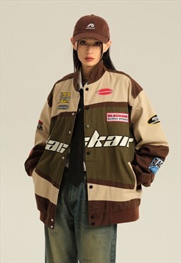 Motorcycle jacket multi patch padded Racer bomber in brown