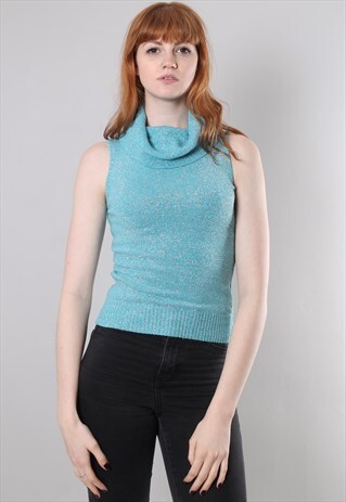 VINTAGE 90S METALLIC KNIT SLEEVELESS ROLL NECK TOP