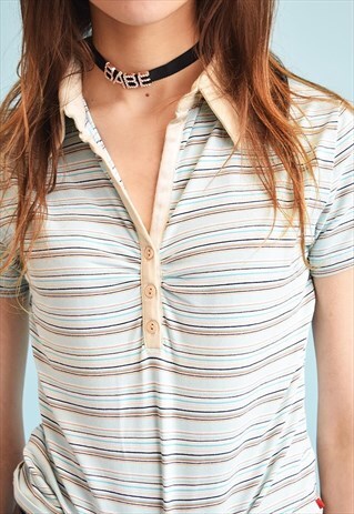 90'S RETRO PASTEL STRIPED STRETCH TEEN T-SHIRT TOP TEE