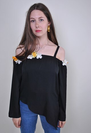 90S BLACK OFF SHOULDER TOP WITH FLOWERS, SIZE M
