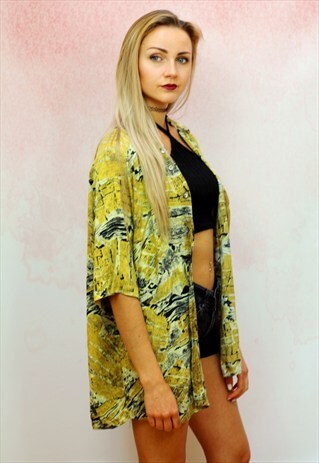 1980S VINTAGE YELLOW AND BLACK PRINT COTTON OVERSIZED SHIRT