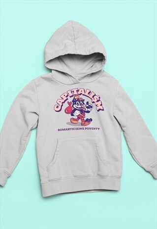 POOR CAT CARTOON CAPITALISM GREY HOODIE RETRO