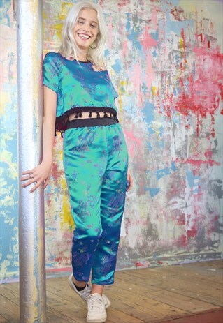 CROP TROUSERS & TOP CO-ORDINATES IN TEAL GREEN DRAGON TASSEL