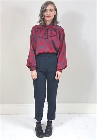 VINTAGE 80'S SILKY RED FLORAL BLOUSE W/ BOW NECK