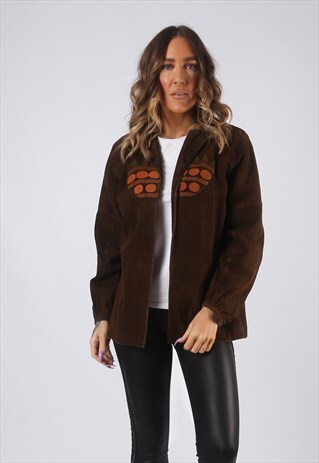 SUEDE LEATHER JACKET FITTED PATTERNED VINTAGE UK 12 (CKBP)