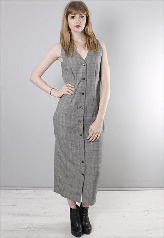 VINTAGE 90S HOUNDSTOOTH CHECK LONG SLEEVELESS PINAFORE DRESS