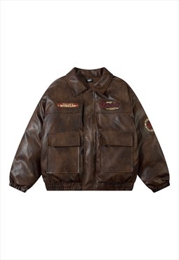 Faux leather aviator jacket grunge bomber retro coat brown