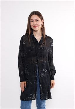 90s black sheer blouse with floral print vintage