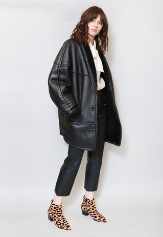 VINTAGE 1980'S PREMIUM BLACK SHEARLING AVIATOR COAT
