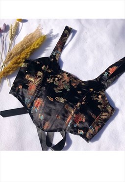 Handmade chinese dragon black reversible corset