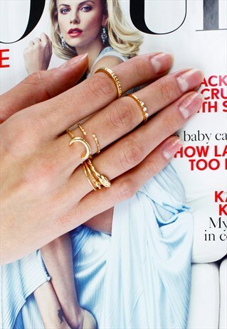GOLD HALF MOON DIAMANTE STACK MIDI KNUCKLE COCKTAIL RINGS