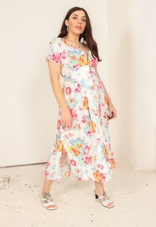 VINTAGE 90S WHITE MIDI DRESS WITH TROPICAL FLORAL PRINT