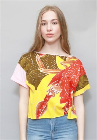 VINTAGE 1990'S BRIGHT TROPICAL PRINT FESTIVAL CROP TOP