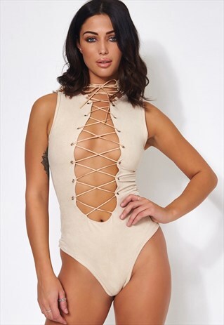 TITO BEIGE SUEDE LACE UP BODYSUIT