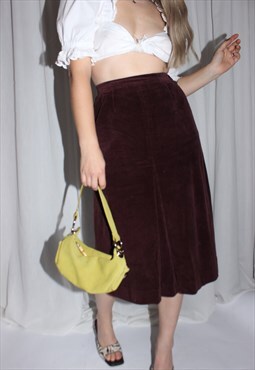 Vintage 1970s High Waisted Brown Cord Midi A Lined Skirt