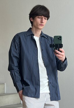 Vintage BALENCIAGA Shirt Button Up Striped Blue