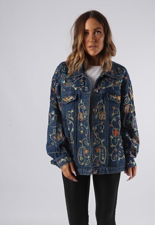 VINTAGE DENIM JACKET OVERSIZED EMBROIDERED UK 18 XXL (JQDD)