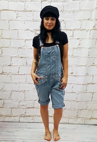 VINTAGE BLUE WASH DENIM SHORT DUNGAREES