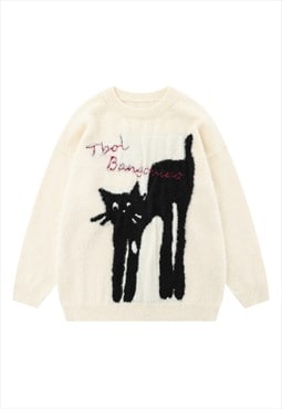 Black cat sweater kitten print jumper fluffy pullover cream