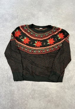 Vintage Knitted Jumper Holly Leaf Patterned Knit Sweater