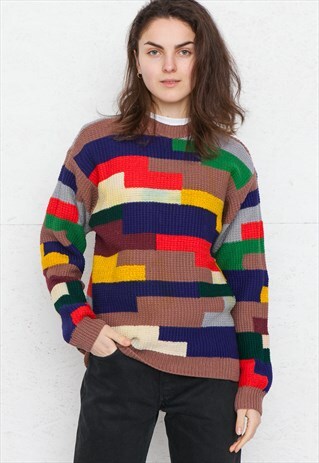VINTAGE BROWN RED OVERSIZED BOYFRIEND KNIT JUMPER SWEATER