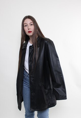 VINTAGE 90S LEATHER TRENCH COAT BLACK LEATHER OVERCOAT