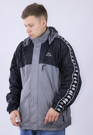 VINTAGE MENS KAPPA STRIPES WINDBREAKER RAINCOAT LONG JACKET