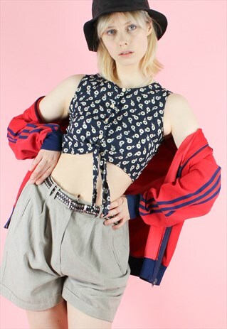 VINTAGE 90S CROP TOP NAVY BLUE Y2K FLORAL OLD SCHOOL DAISY