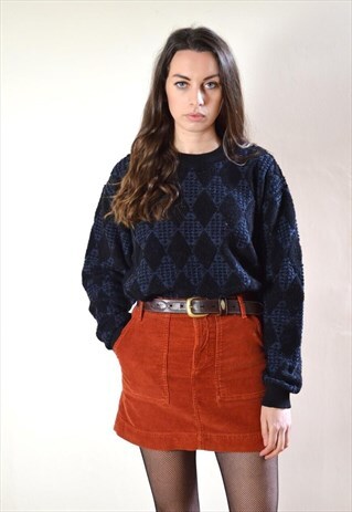 80S VINTAGE NAVY BLUE & BLACK DIAMOND PATTERN KNIT JUMPER