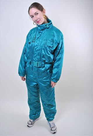 RETRO GREEN ONE PIECE SKI SUIT, WOMAN 80S VINTAGE SNOW SUIT