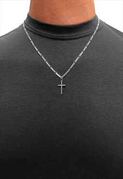 54 Floral 22" Cross Pendant Figaro Necklace Chain - Silver