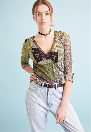 90'S RETRO ABSTRACT PRINT KITSCH PARTY MESH TOP