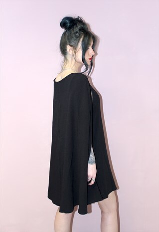 90S VINTAGE STYLE BLACK SHIFT EVENING CAPE DRESS GOTHIC MINI