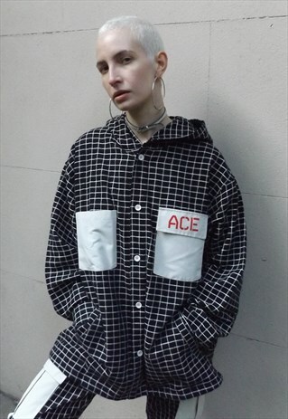 LOOSE FIT OVERSIZE HOODED PLAID CHECK SHIRT JACKET IN BLACK
